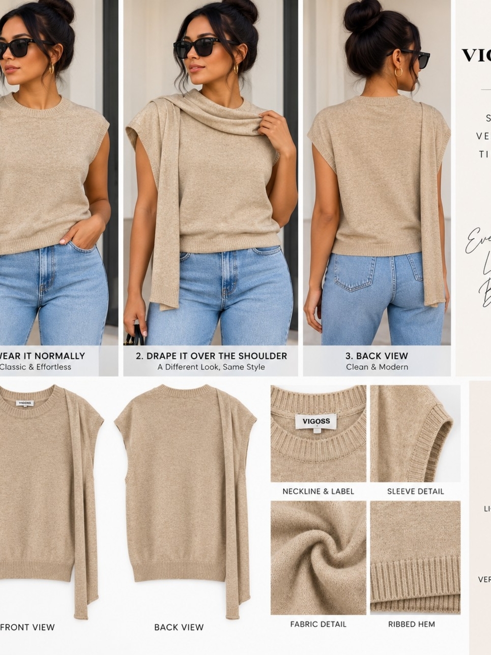 VIGOSS Women’s Size L Beige Asymmetrical Draped Knit Sweater Top NWT